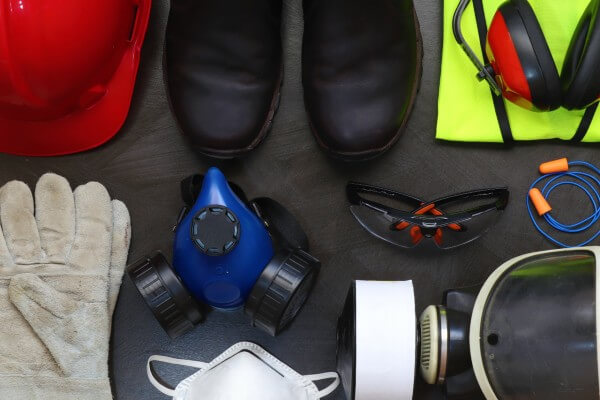 Personal protective equipment - helmet, boots, high vis jacket, ear defenders, mask, safety glasses, gloves